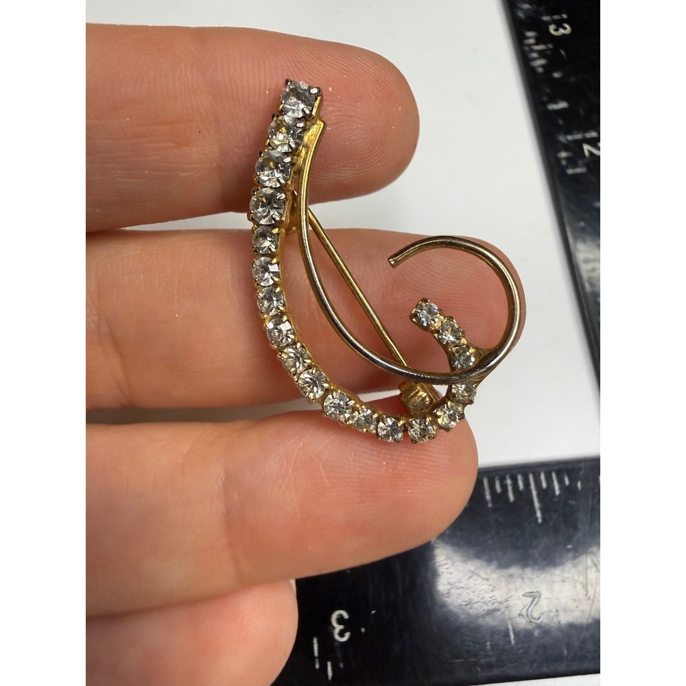 Vintage Gold Tone Rhinestone Curved Swirl Brooch Pin Elegant Mid Century Style